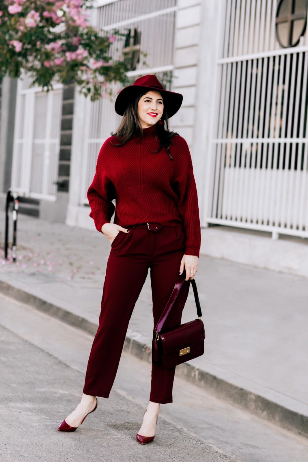 burgundy and red outfit